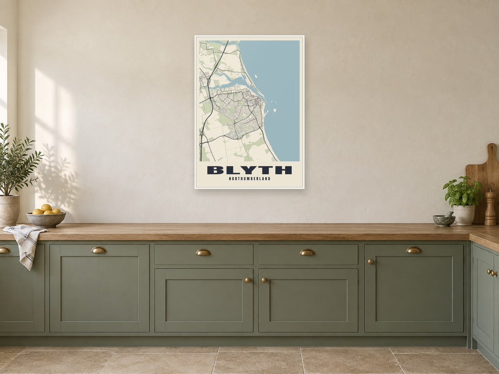 Blyth Street Map Poster at A1, in a white frame, in a kitchen