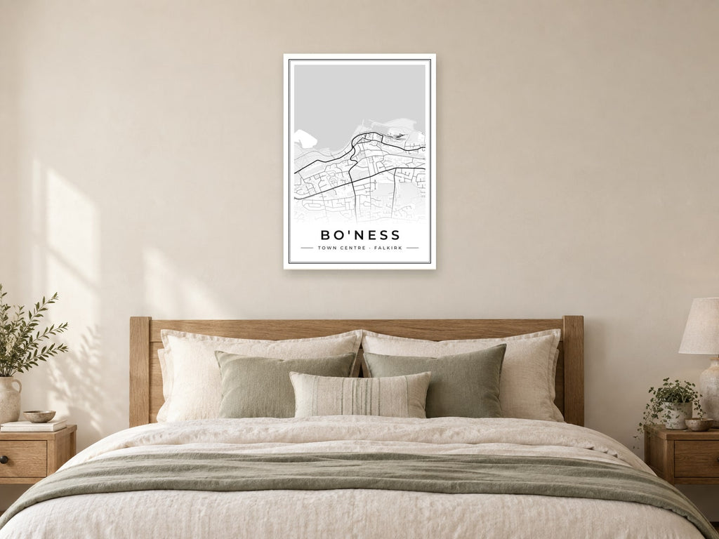 Bo'ness Town Centre Street Map Poster at A1, as a poster, above a bed