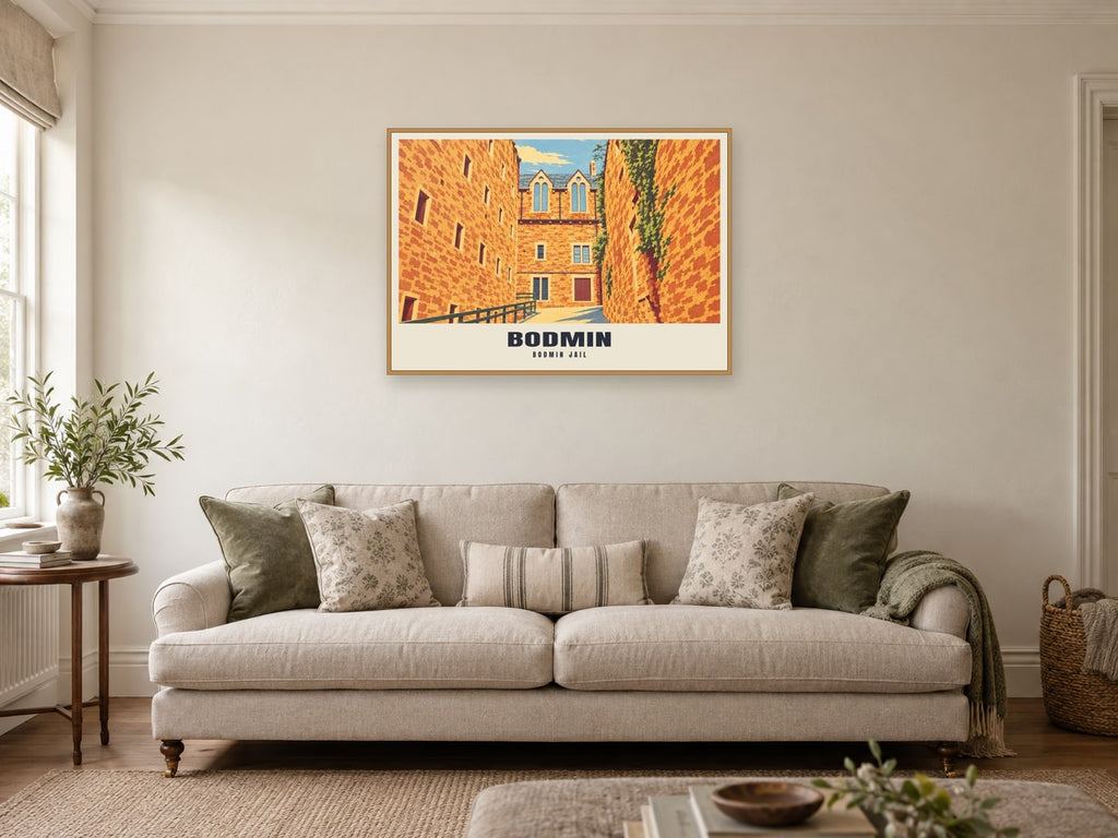 Bodmin Jail Poster at A1, in a natural wood frame, in a sitting room