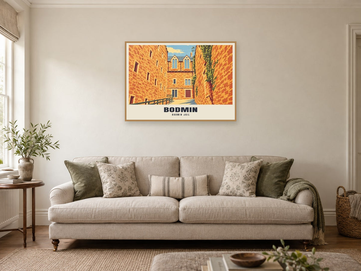 Bodmin Jail Poster at A1, in a natural wood frame, in a sitting room