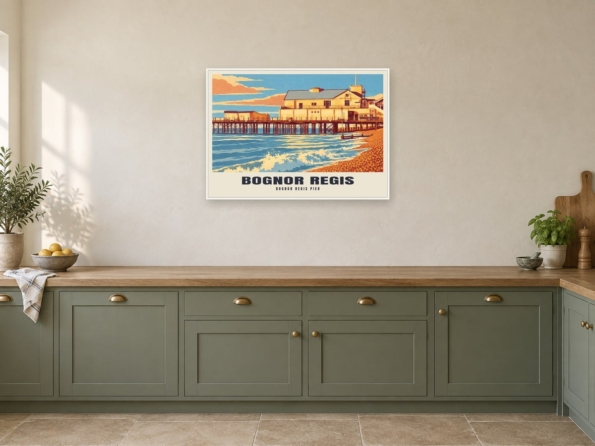 Bognor Regis Pier Poster at A1, in a white frame, in a kitchen