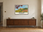 Bolsover Castle Poster at A1, in a black frame, above a sideboard
