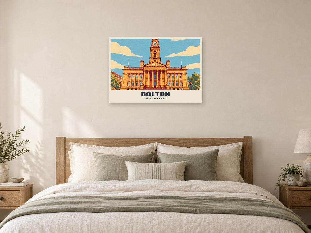 Bolton Town Hall Poster at A1, as a poster, above a bed