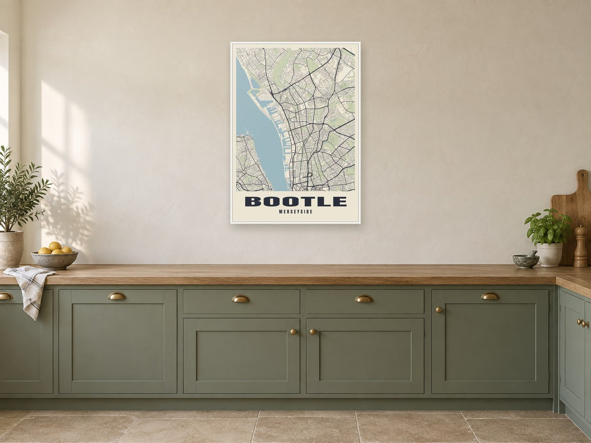 Bootle Street Map Poster at A1, in a white frame, in a kitchen