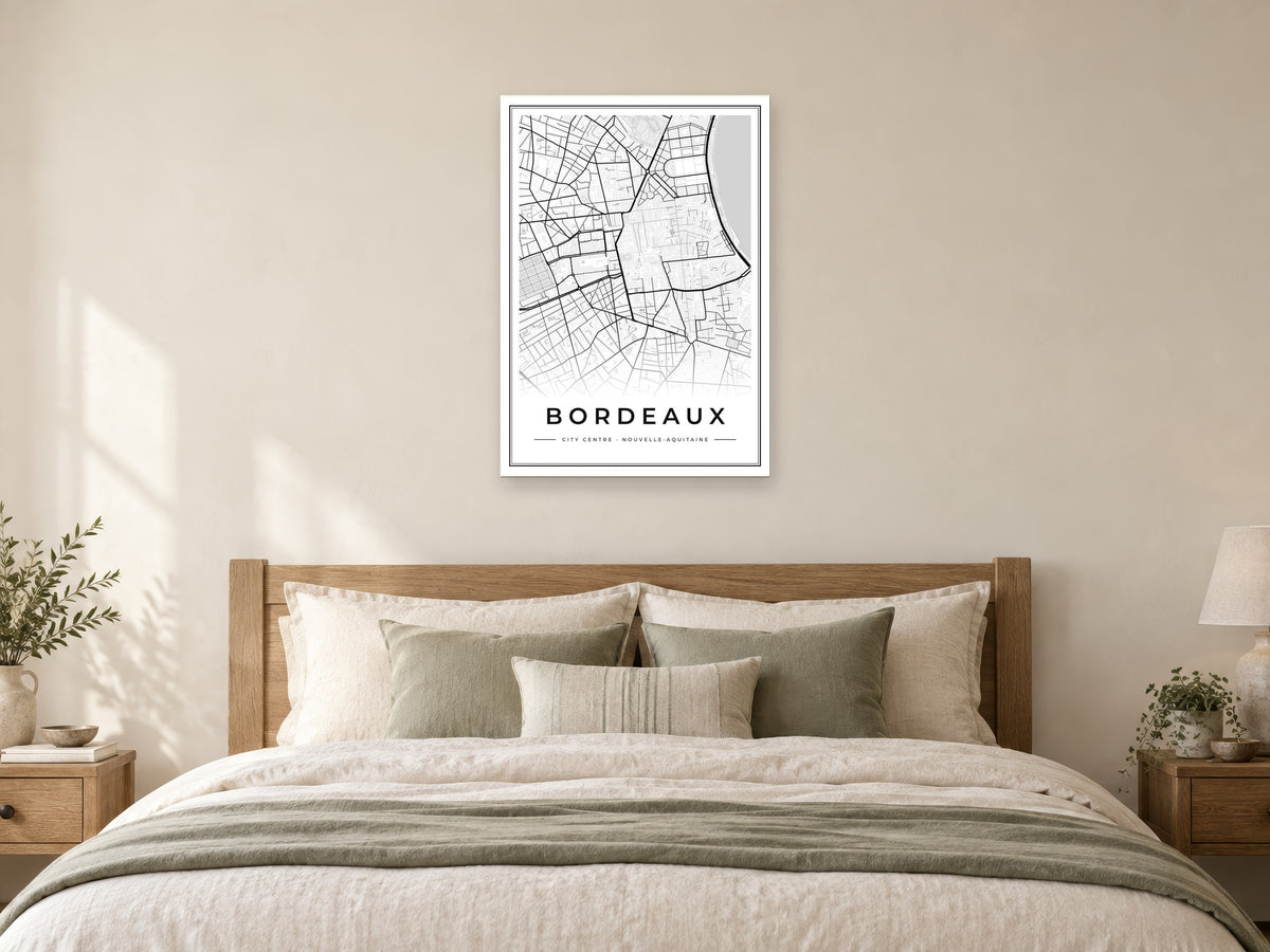 Bordeaux City Centre Street Map Poster at A1, as a poster, above a bed