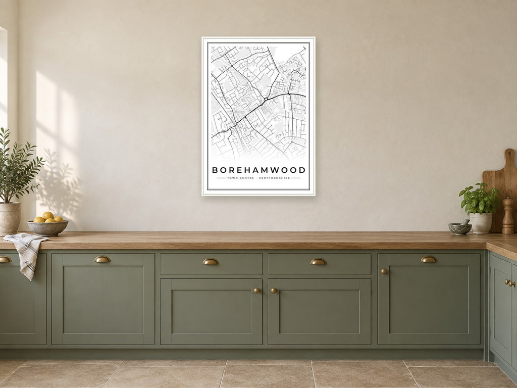Borehamwood Town Centre Street Map Poster at A1, in a white frame, in a kitchen
