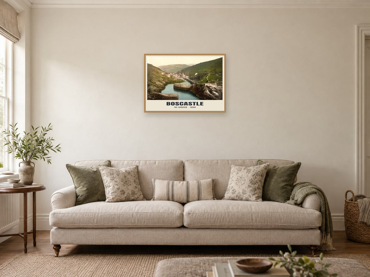 The Harbour, Boscastle, 1890s Heritage Print at A2, in a natural wood frame, in a sitting room