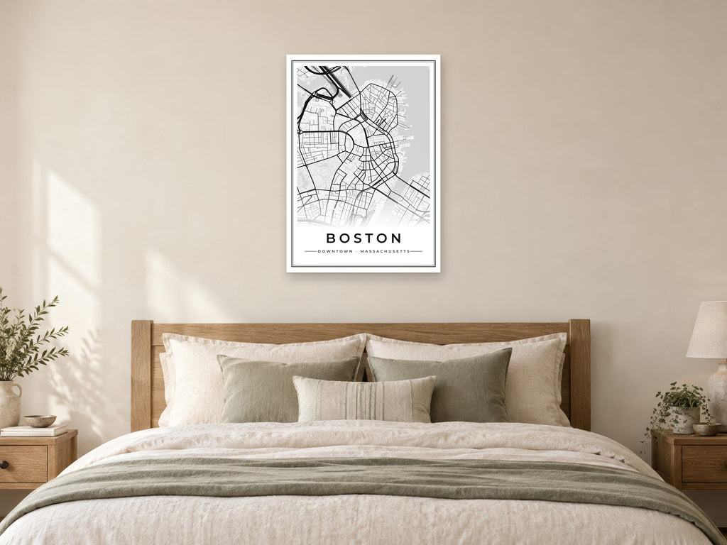 Boston Downtown Street Map Poster at A1, as a poster, above a bed