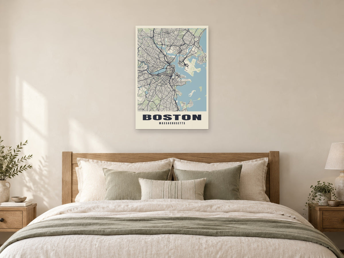 Boston Street Map Poster at A1, as a poster, above a bed