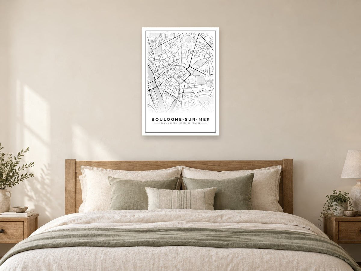 Boulogne-sur-Mer Town Centre Street Map Poster at A1, as a poster, above a bed