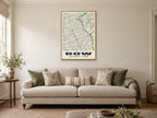 Bow Heritage Street Map Poster at A1, in a natural wood frame, in a sitting room