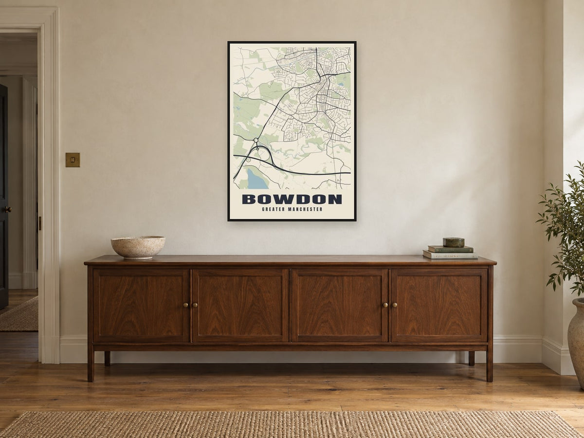 Bowdon Street Map Poster at A1, in a black frame, above a sideboard