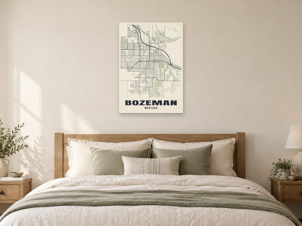 Bozeman Street Map Poster at A1, as a poster, above a bed