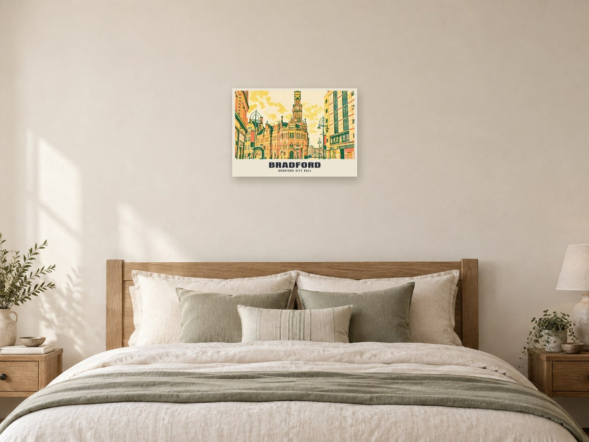 Bradford City Hall Riso-inspired Poster at A2, as a poster, above a bed