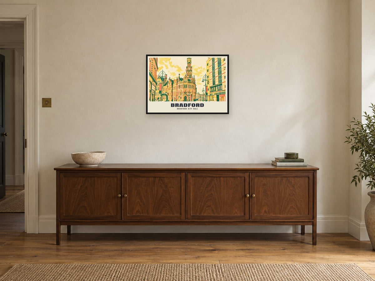 Bradford City Hall Riso-inspired Poster at A2, in a black frame, above a sideboard