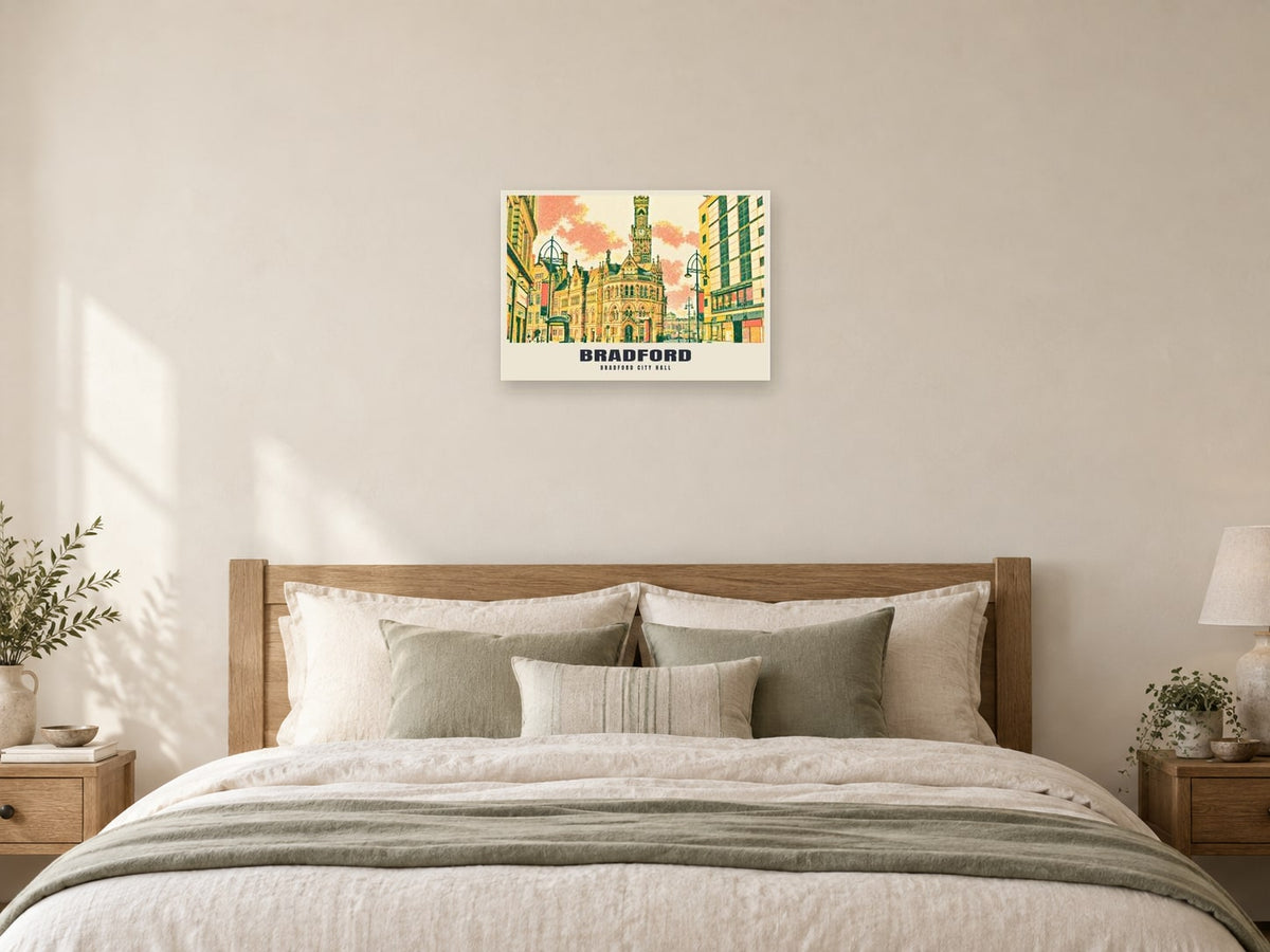 Bradford City Hall Riso-inspired Poster at A2, as a poster, above a bed