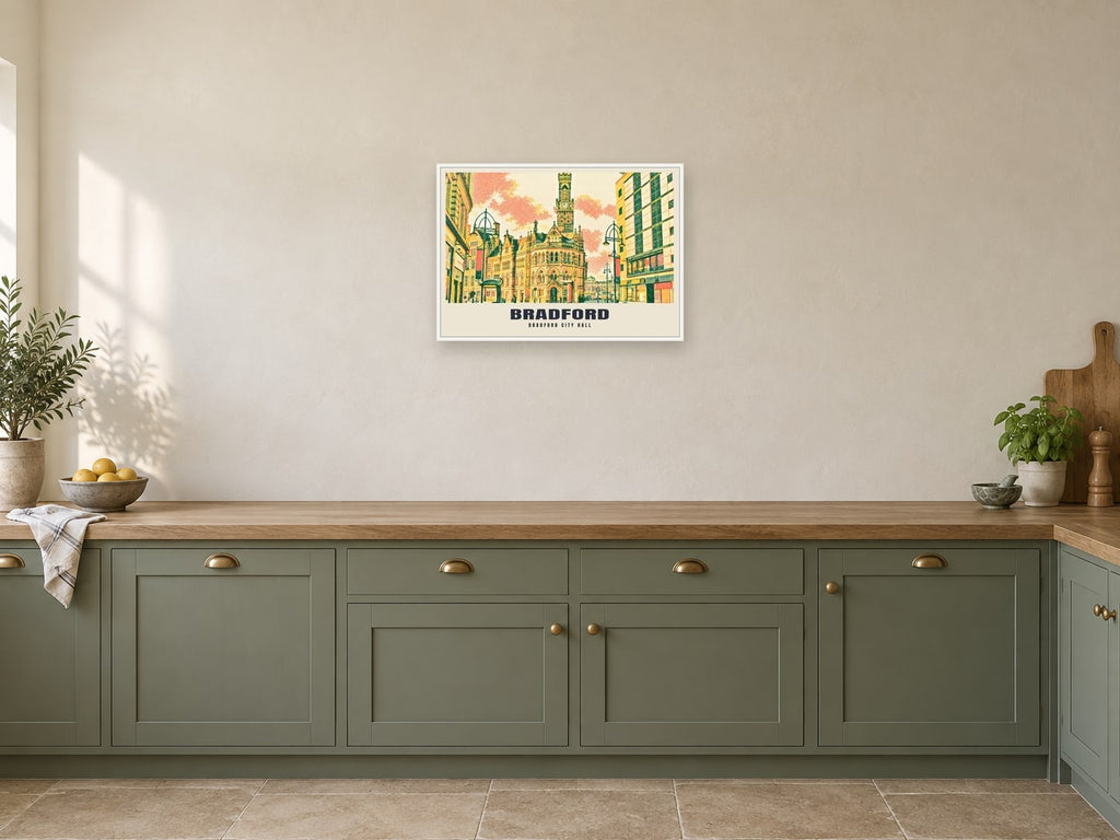 Bradford City Hall Riso-inspired Poster at A2, in a white frame, in a kitchen