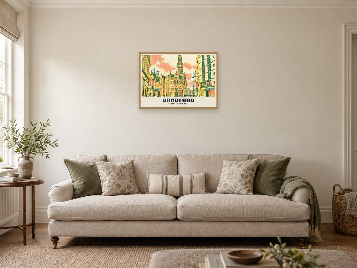 Bradford City Hall Riso-inspired Poster at A2, in a natural wood frame, in a sitting room