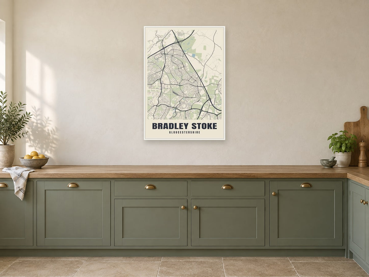 Bradley Stoke Street Map Poster at A1, in a white frame, in a kitchen