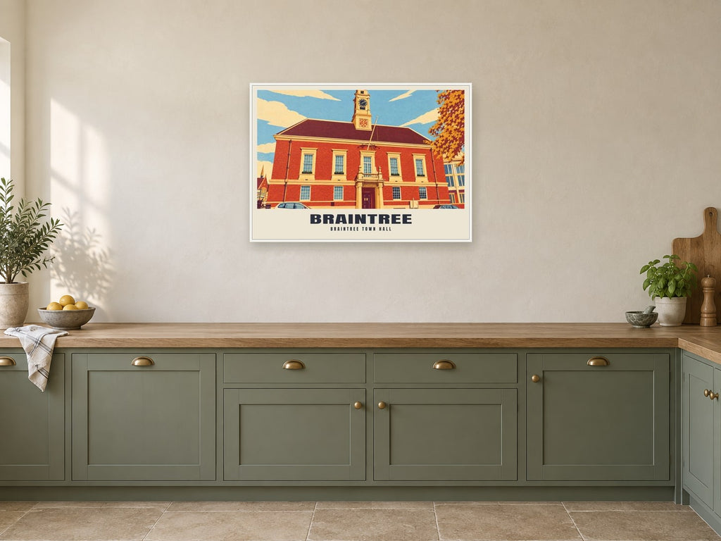 Braintree Town Hall Poster at A1, in a white frame, in a kitchen