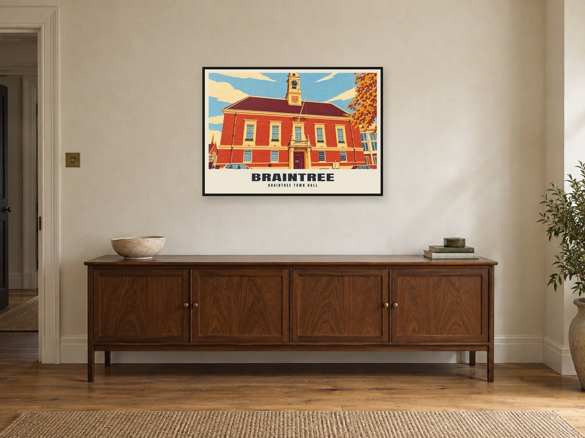 Braintree Town Hall Poster at A1, in a black frame, above a sideboard
