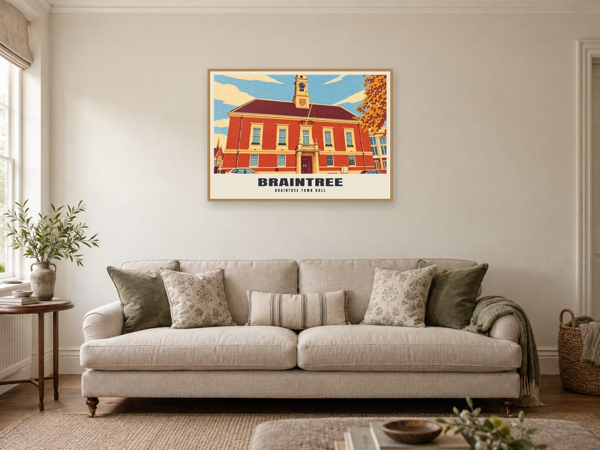 Braintree Town Hall Poster at A1, in a natural wood frame, in a sitting room