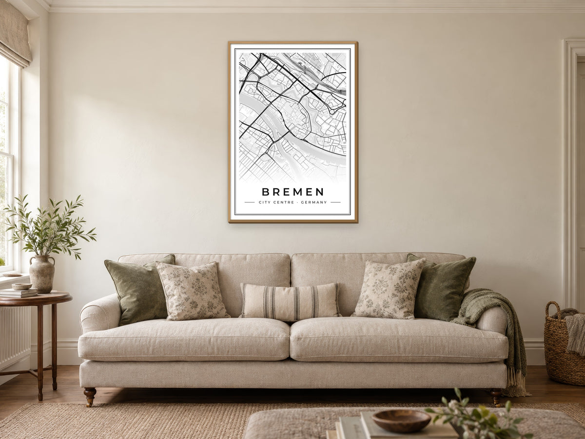 Bremen City Centre Street Map Poster at A1, in a natural wood frame, in a sitting room