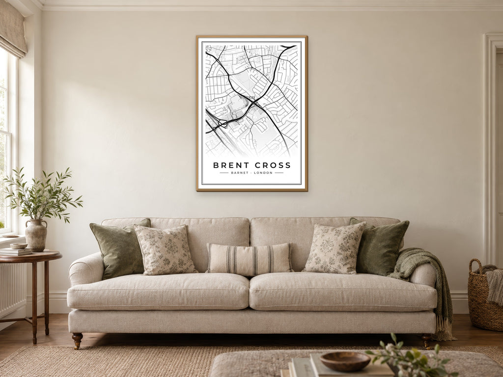 Brent Cross Street Map Poster at A1, in a natural wood frame, in a sitting room
