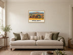 Brent Knoll (hill) Retro Railway Poster at A2, in a natural wood frame, in a sitting room