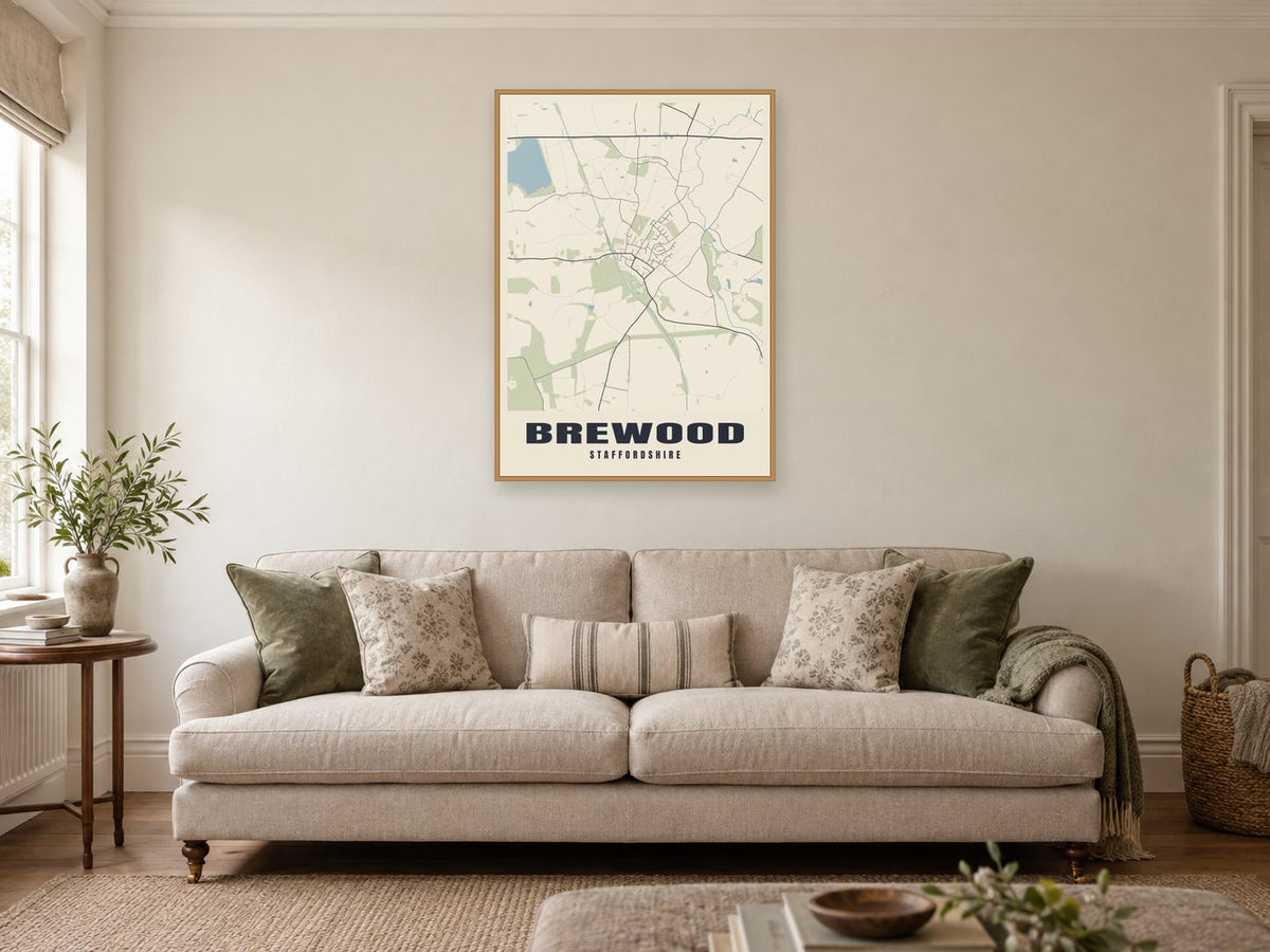 Brewood Street Map Poster at A1, in a natural wood frame, in a sitting room