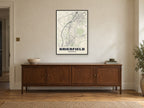 Brierfield Street Map Poster at A1, in a black frame, above a sideboard
