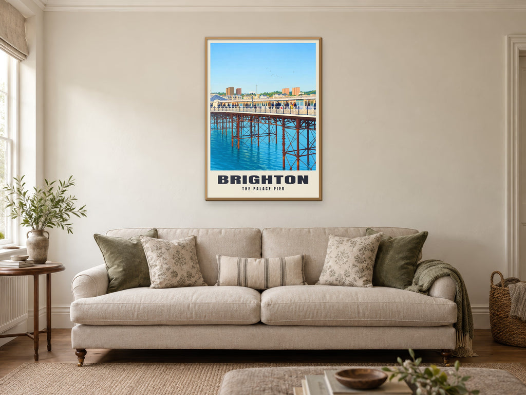 The Palace Pier, Brighton Poster at A1, in a natural wood frame, in a sitting room