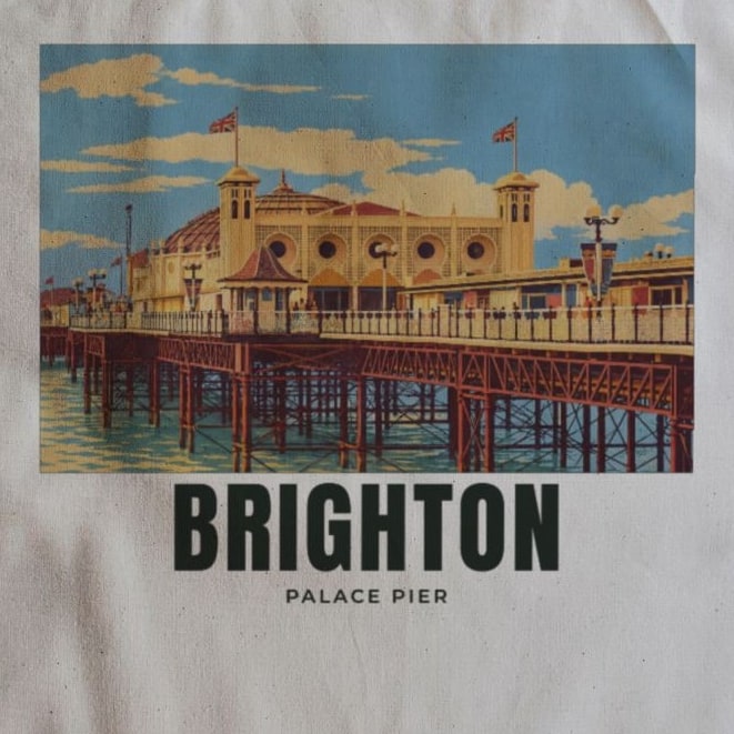 Close-up of the Palace Pier, Brighton drawing and lettering printed on natural cotton