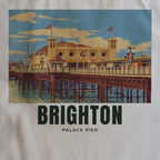 Close-up of the Palace Pier, Brighton drawing and lettering printed on natural cotton