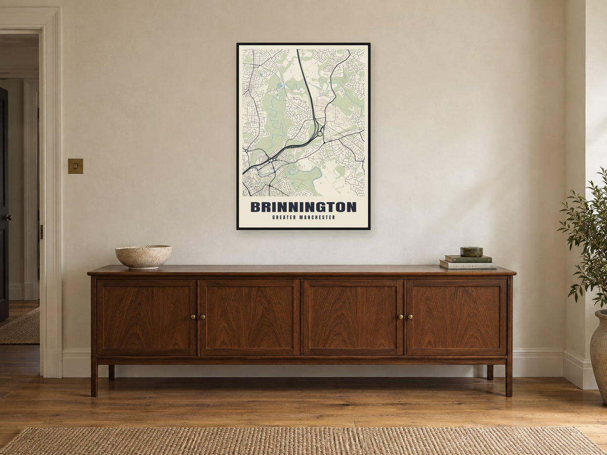 Brinnington Street Map Poster at A1, in a black frame, above a sideboard