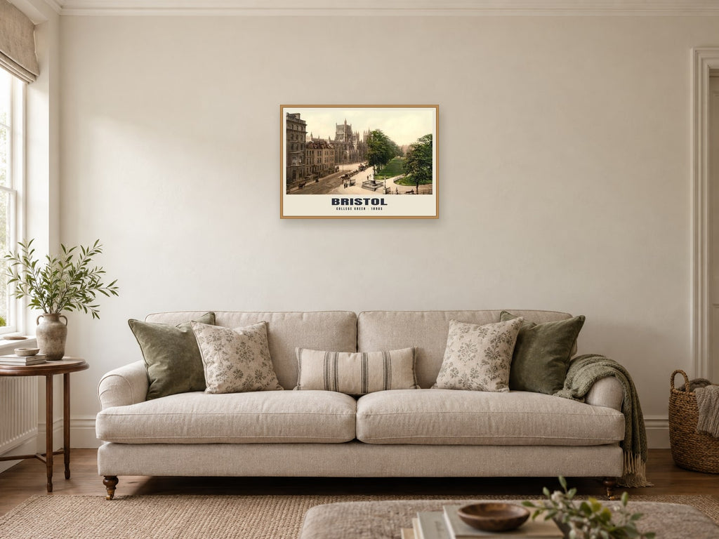 College Green, Bristol, 1890s Heritage Print at A2, in a natural wood frame, in a sitting room