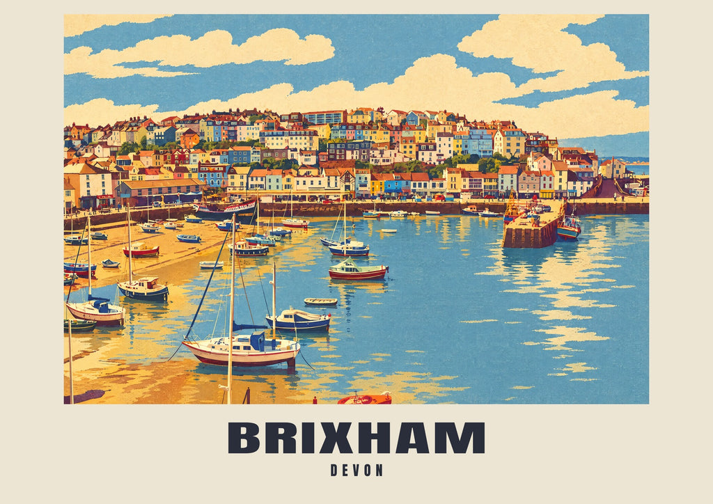 Brixham Retro Railway art print with BRIXHAM and DEVON name band