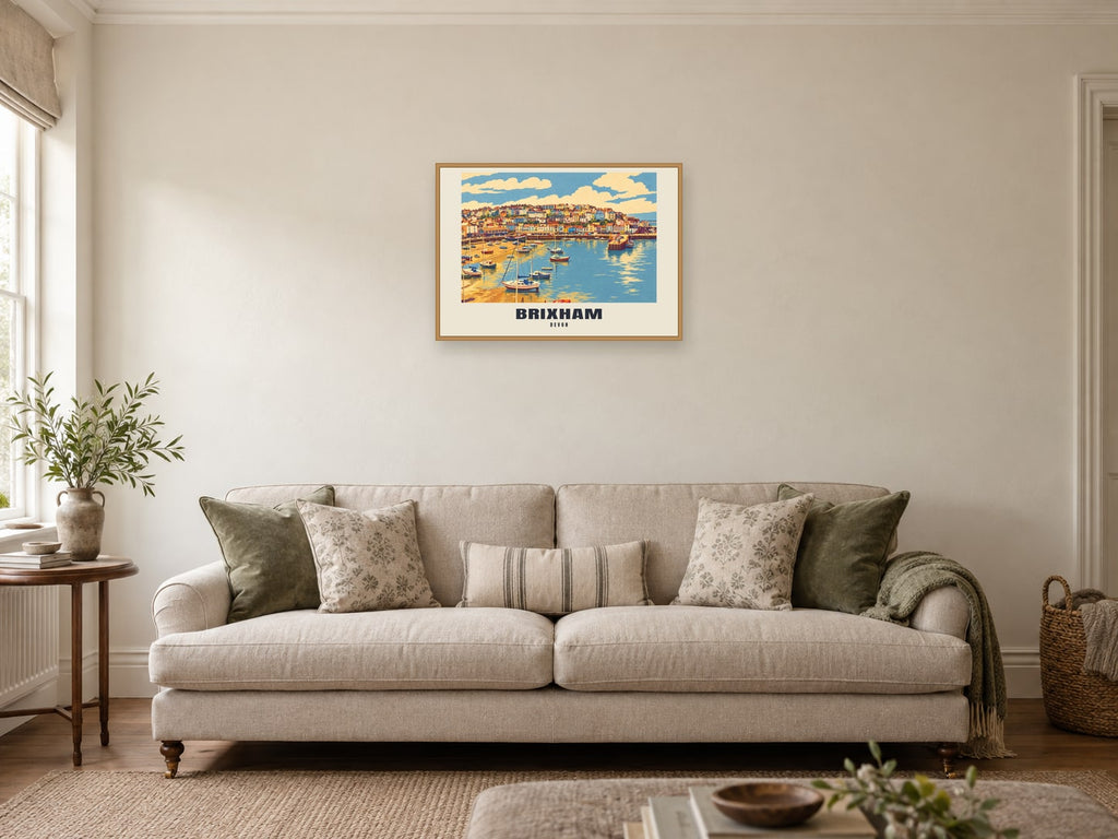 Brixham named Retro Railway print at A2, in a natural wood frame, in a sitting room