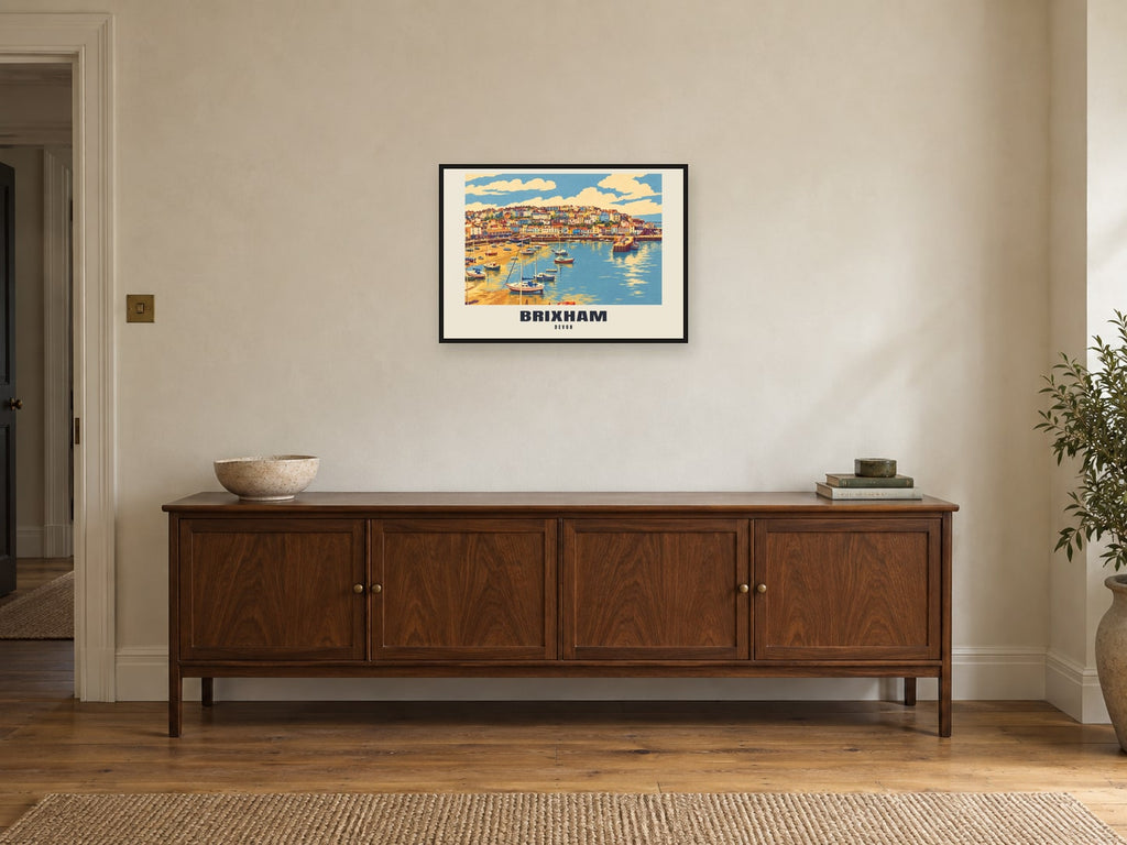 Brixham named Retro Railway print at A2, in a black frame, above a sideboard