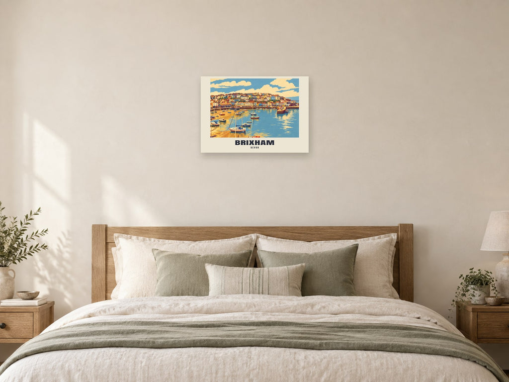 Brixham named Retro Railway print at A2, as a poster, above a bed