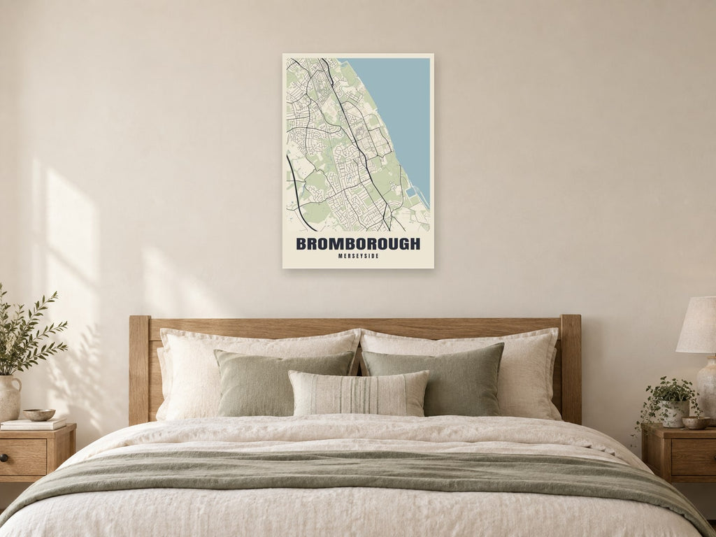 Bromborough Street Map Poster at A1, as a poster, above a bed