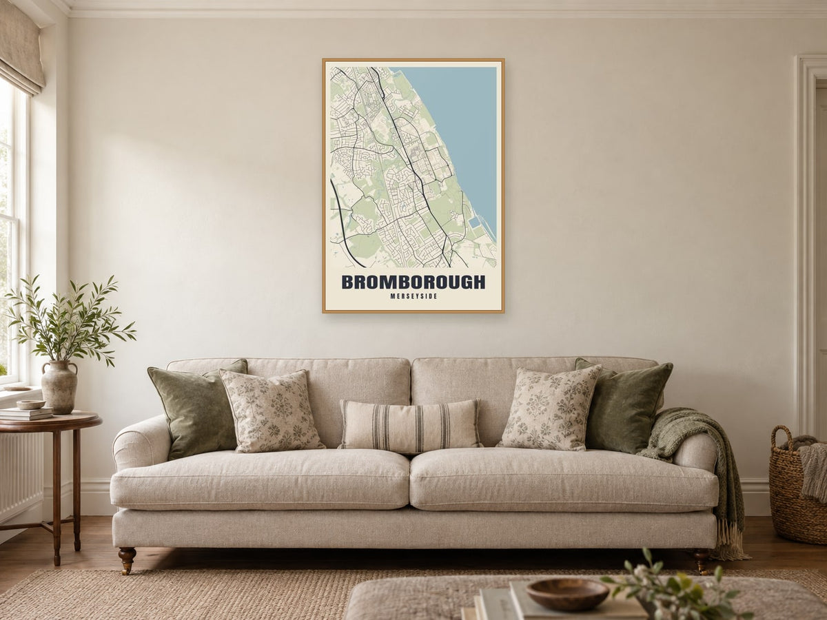 Bromborough Street Map Poster at A1, in a natural wood frame, in a sitting room