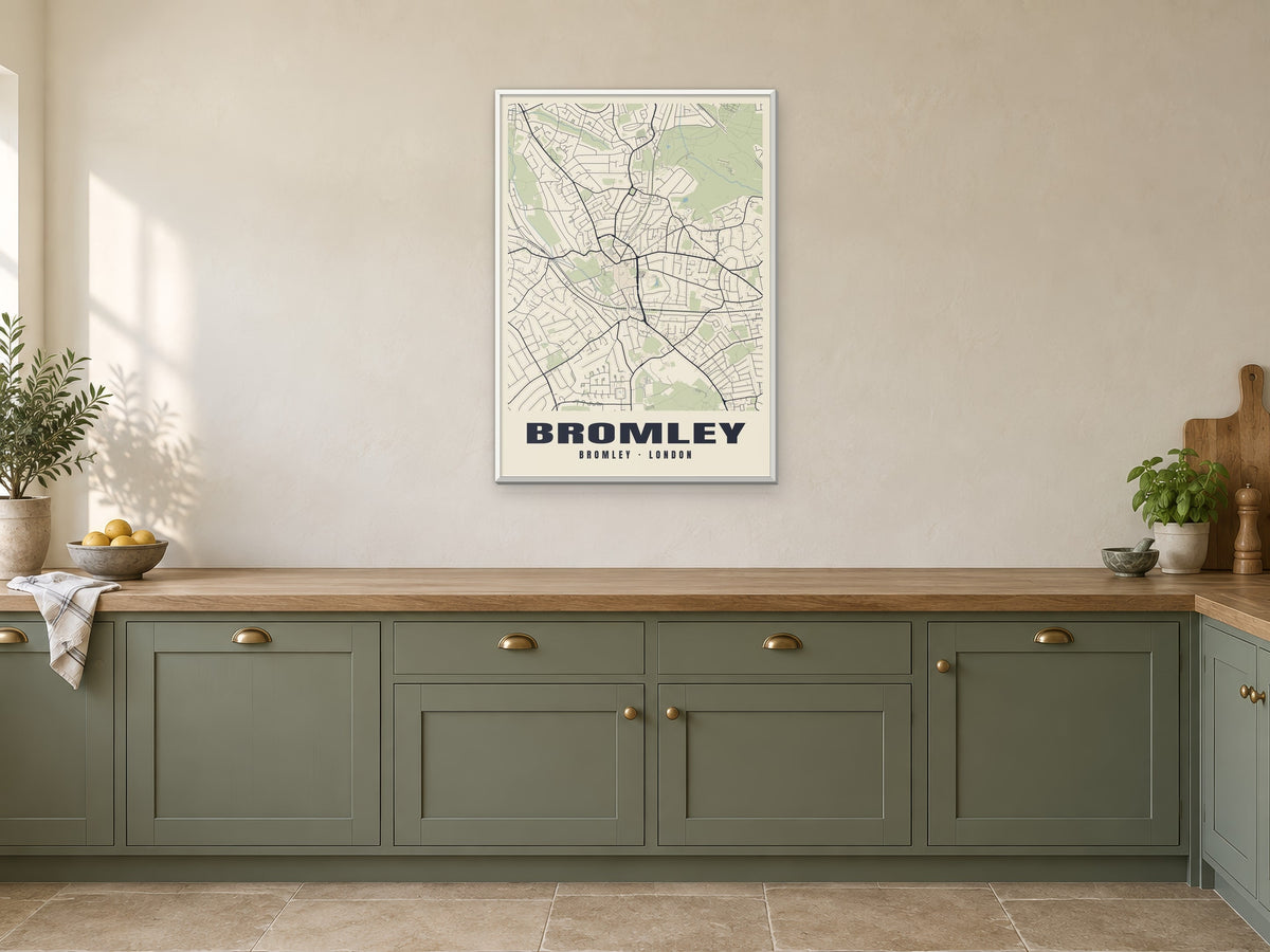 Bromley Heritage Street Map Poster at A1, in a white frame, in a kitchen