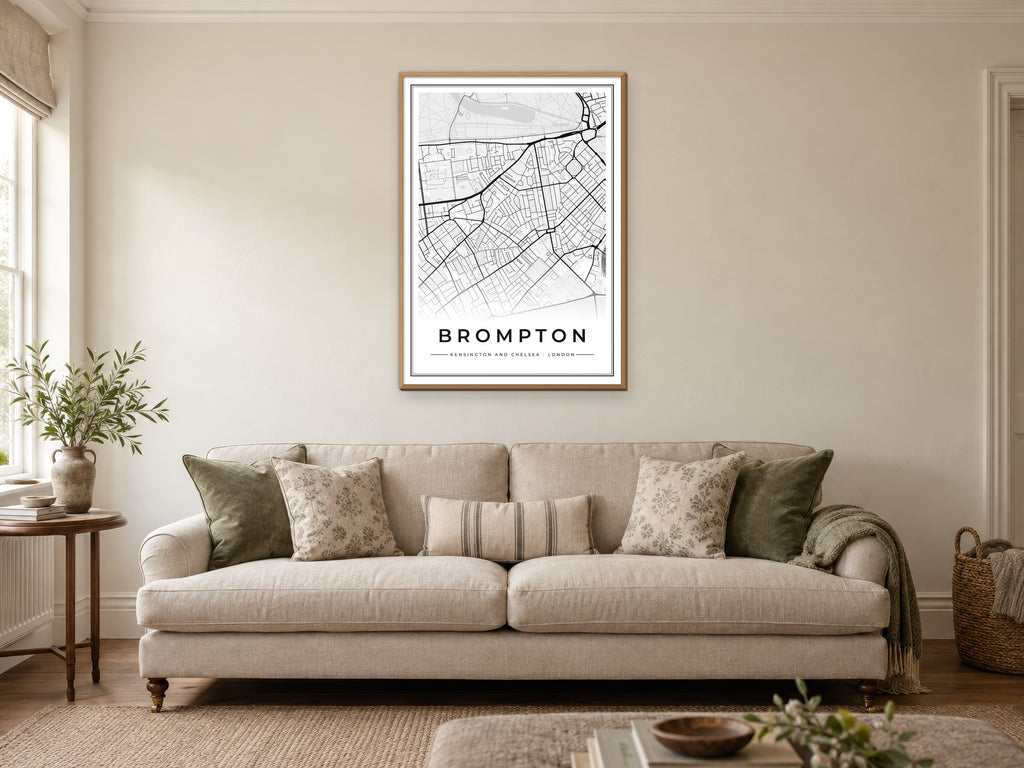 Brompton Street Map Poster at A1, in a natural wood frame, in a sitting room