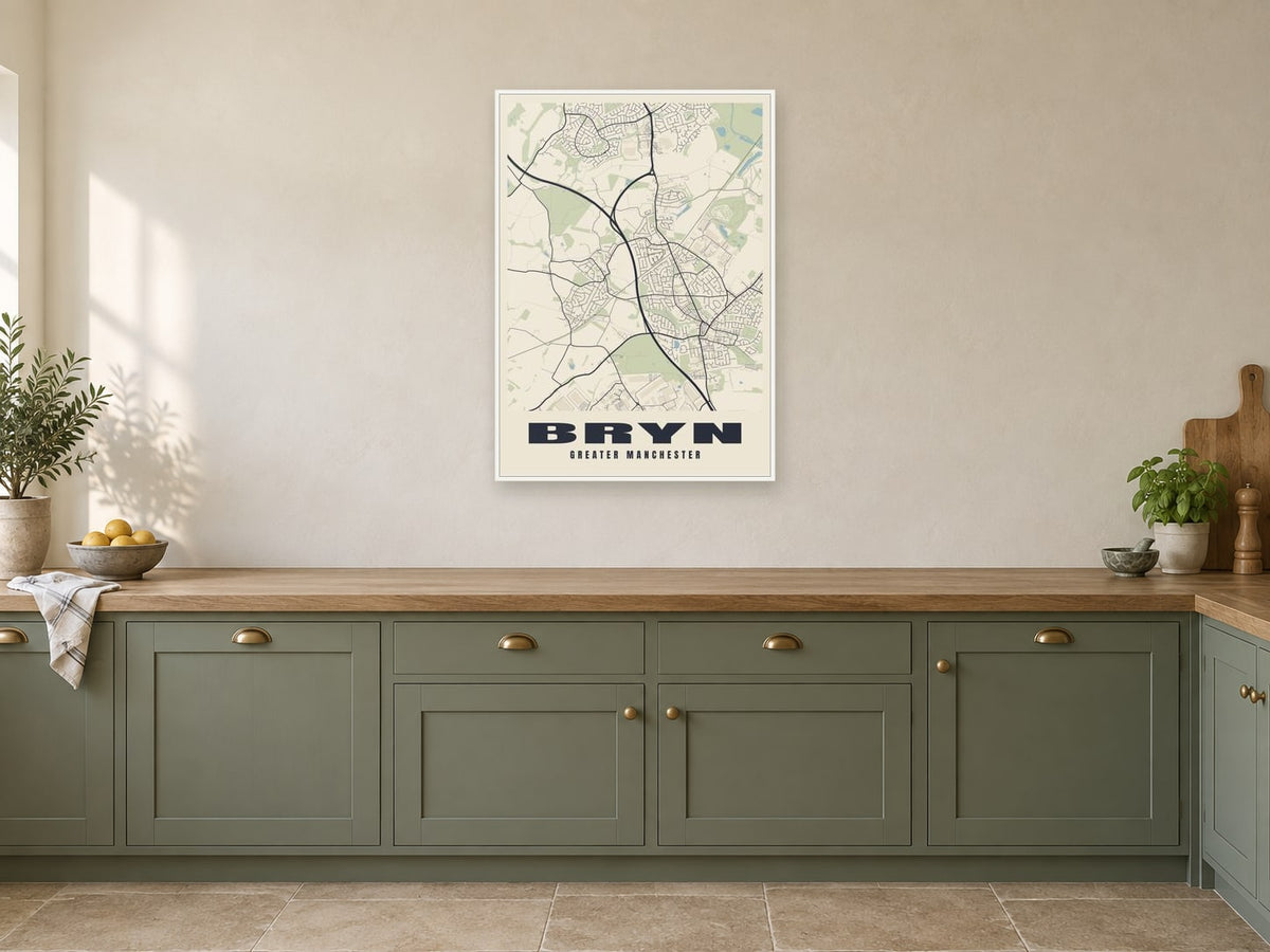 Bryn Street Map Poster at A1, in a white frame, in a kitchen