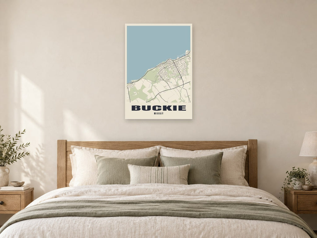 Buckie Street Map Poster at A1, as a poster, above a bed