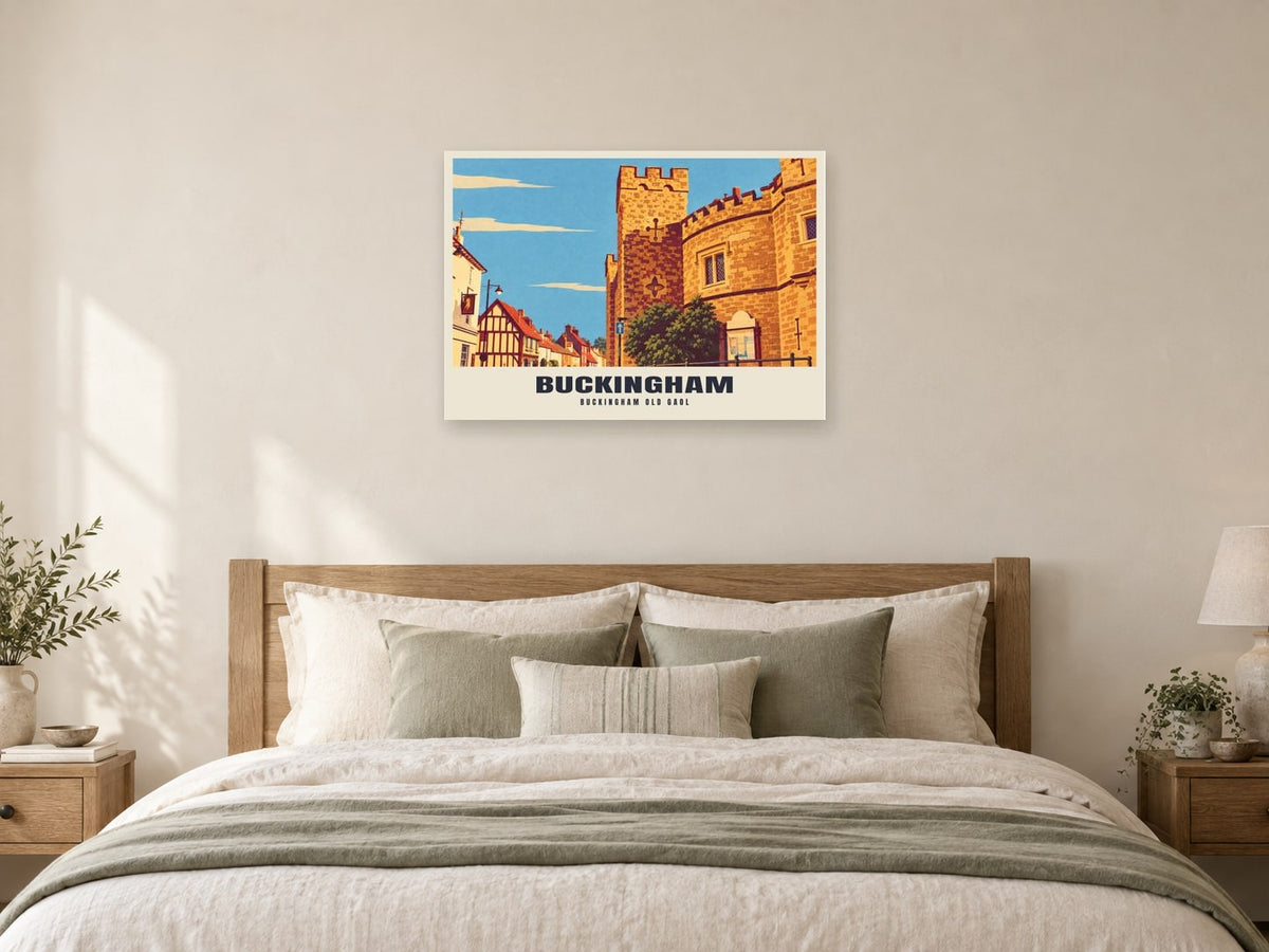 Buckingham Old Gaol Poster at A1, as a poster, above a bed