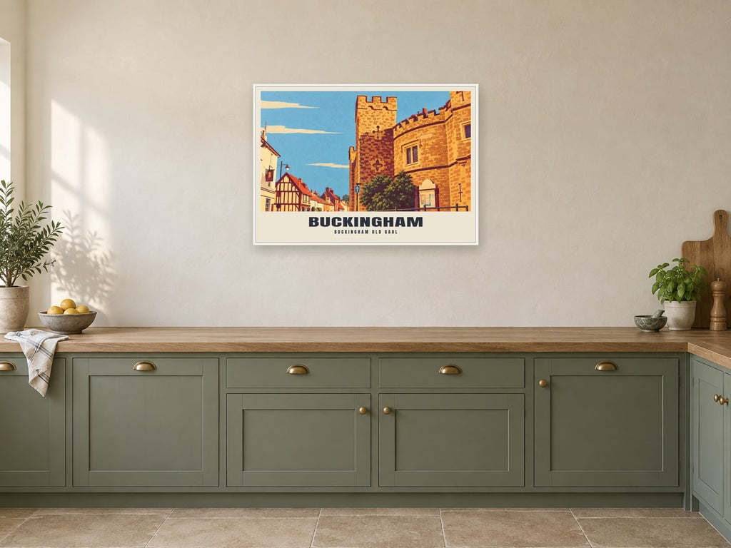 Buckingham Old Gaol Poster at A1, in a white frame, in a kitchen