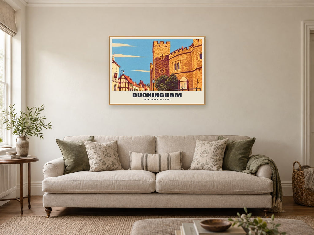 Buckingham Old Gaol Poster at A1, in a natural wood frame, in a sitting room