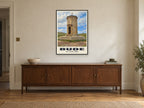 The Storm Tower, Bude Poster at A1, in a black frame, above a sideboard